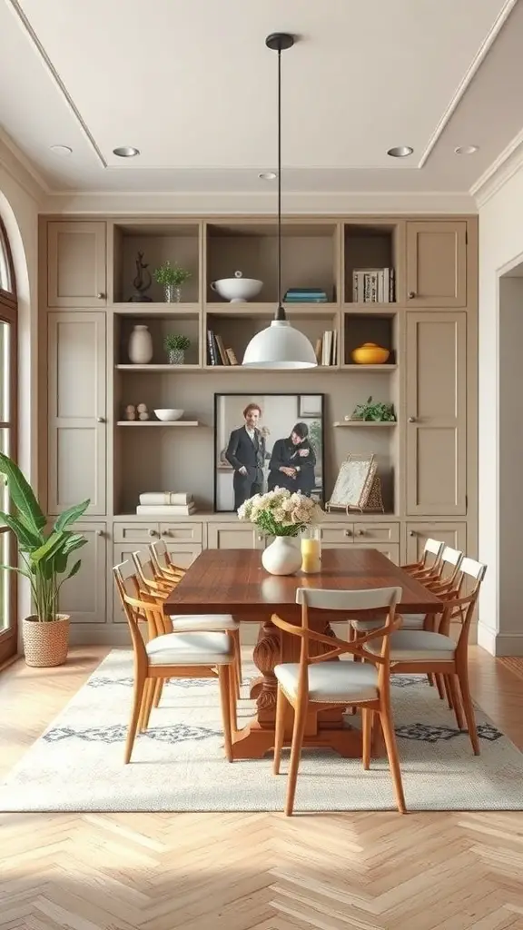 A stylish dining room with a custom storage wall featuring shelves and cabinets, a wooden dining table, and a plant.
