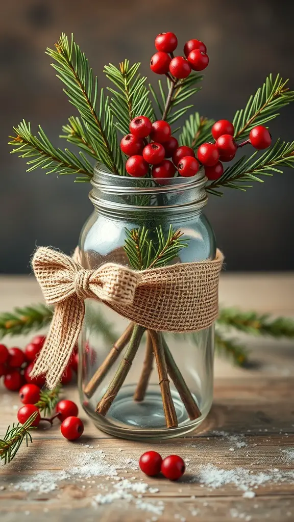 31+ Creative Christmas Centerpieces for Your Holiday Table 20 A mason jar filled with pine branches and red berries, tied with a burlap ribbon, on a wooden surface.