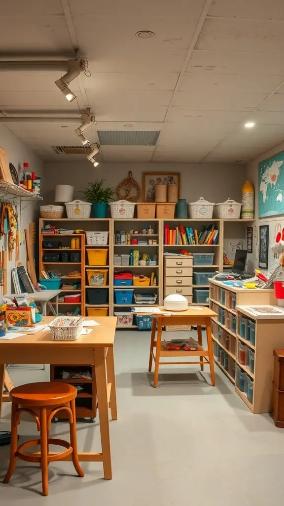 27+ Creative Open Basement Ideas You’ll Love 21 A bright and organized basement craft and hobby space with shelves, storage bins, and a large table.