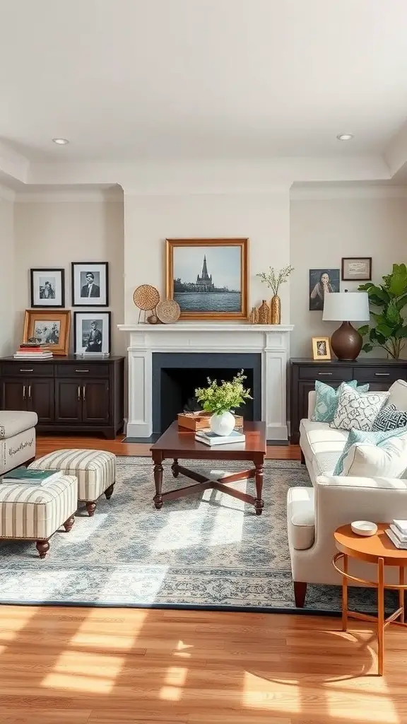 25+ Stunning Ralph Lauren Living Room Ideas for a Classic Makeover 18 A stylish living room featuring personalized accessories like framed photos, a coffee table with decor items, and a plant.