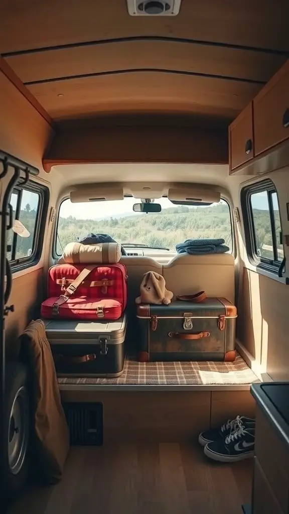 33+ Creative Camper Clothes Storage Ideas for Your Next Adventure 17 Interior of a camper van showing organized luggage and storage solutions.