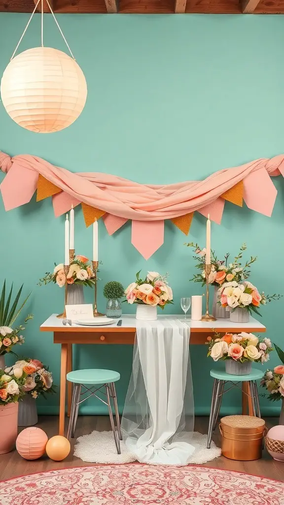 27+ Stunning Wedding Theme Color Schemes to Inspire Your Big Day 21 A wedding table setup featuring peach and mint colors with floral arrangements and decorative elements.