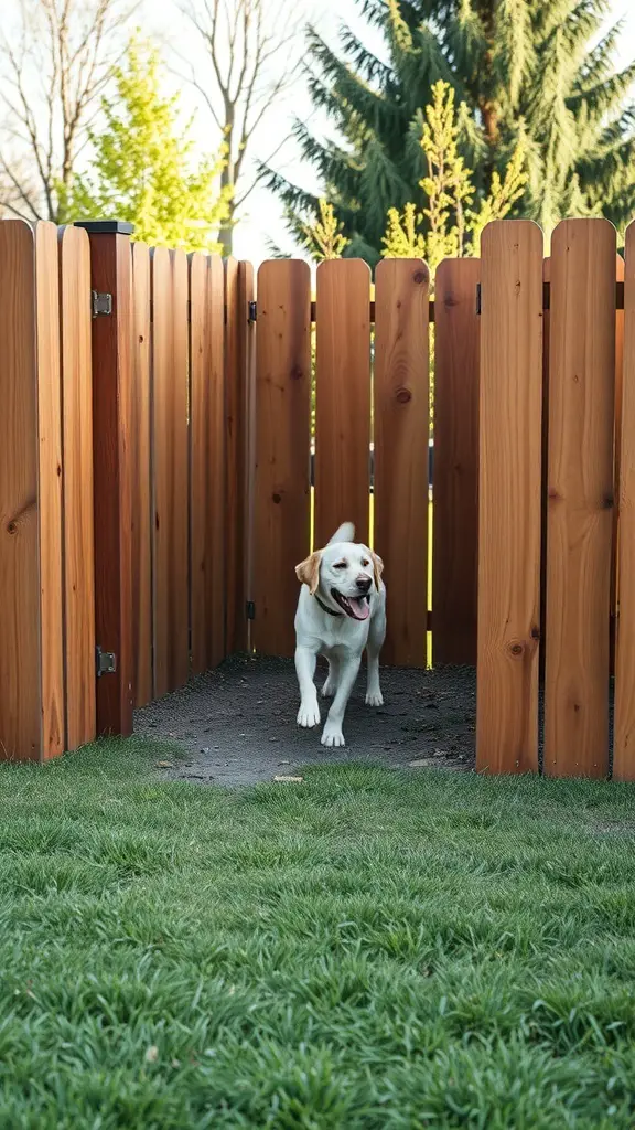 A wooden privacy fence with a happy dog walking inside a yard
