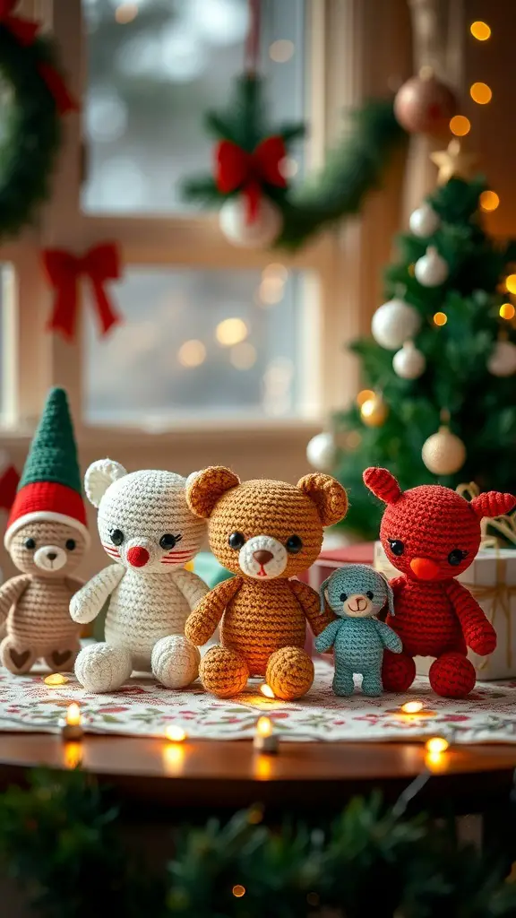 A collection of colorful crochet amigurumi toys including a bear, reindeer, and other festive characters, displayed with holiday decorations.