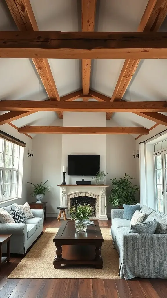27+ Cozy English Countryside Living Room Ideas to Inspire Your Décor 4 A cozy living room featuring rustic wood beams, light walls, and comfortable furniture.