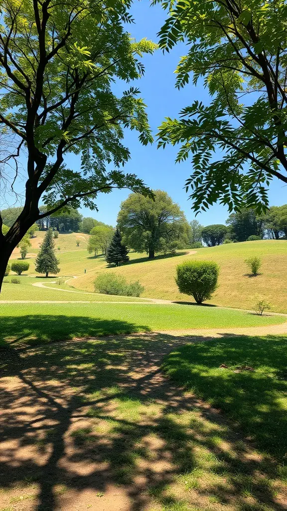 25+ Inspiring Hill Garden Ideas You Need to Try 15 A scenic view of a hill garden with trees and shrubs providing shade.