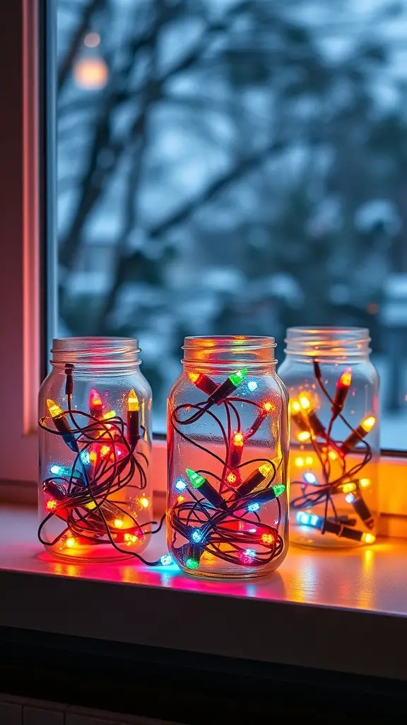 31+ Creative DIY Christmas Decorations You Can Make at Home 16 Three glass jars filled with colorful Christmas lights, sitting on a windowsill.