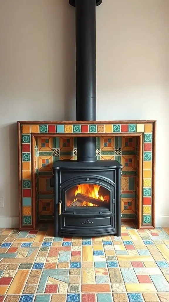 29+ Stunning Wood Stove Fireplace Surround Ideas to Warm Up Your Home 10 A wood stove with a colorful mosaic tile surround and patterned floor.