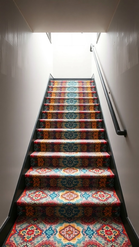 29+ Creative Basement Stairwell Ideas to Transform Your Space 8 Colorful stair runner with intricate patterns in a basement stairwell