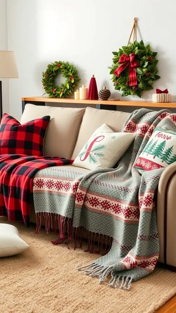 27+ Stylish Ralph Lauren Christmas Decor Pieces You Need This Holiday Season 3 Cozy couch with holiday-themed throw blankets and pillows, decorated with wreaths and candles.