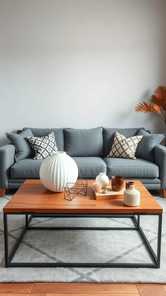 A stylish living room featuring a grey couch and a wooden coffee table with decorative items.