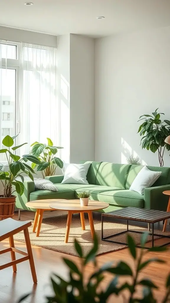 27+ Stunning Green Couch Living Room Ideas You’ll Love 7 A bright living room featuring a green couch, wooden furniture, and various indoor plants.