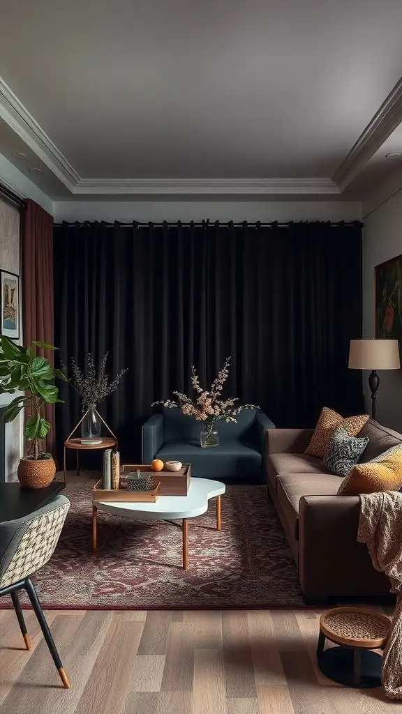 A cozy dark cottagecore living room featuring vintage textiles, a sofa with patterned cushions, a decorative area rug, and a potted plant.