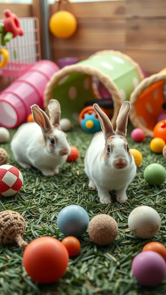 27+ Must-Have Features for the Ultimate Rabbit Playground 13 Two rabbits playing with colorful balls and tunnels in a playful environment.