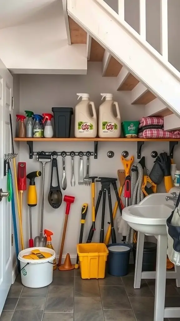25+ Creative Under Stairs Storage Ideas for Every Home 17 Organized under stairs storage area with cleaning supplies and tools