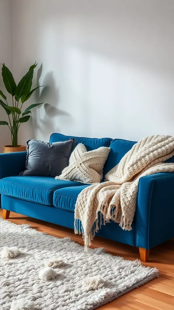29+ Stunning Blue Couch Living Room Ideas You’ll Love 7 A cozy living room featuring a blue couch with textured throws and pillows, a fluffy rug, and a plant in the corner.