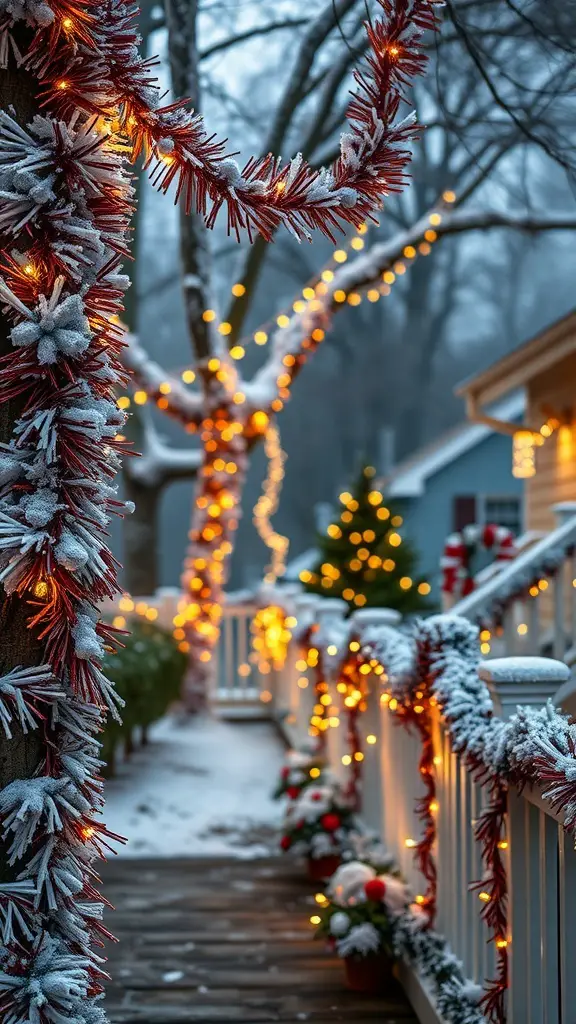 A snowy pathway decorated with tinsel garlands and lights, leading to a cozy home.