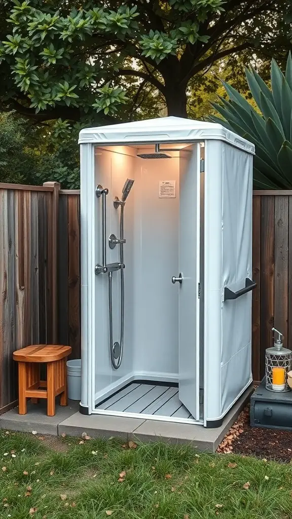 A portable outdoor shower with a modern design, featuring a waterproof cover and a wooden stool.