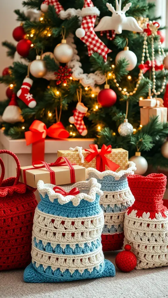 Colorful crochet gift bags under a Christmas tree with ornaments and presents.