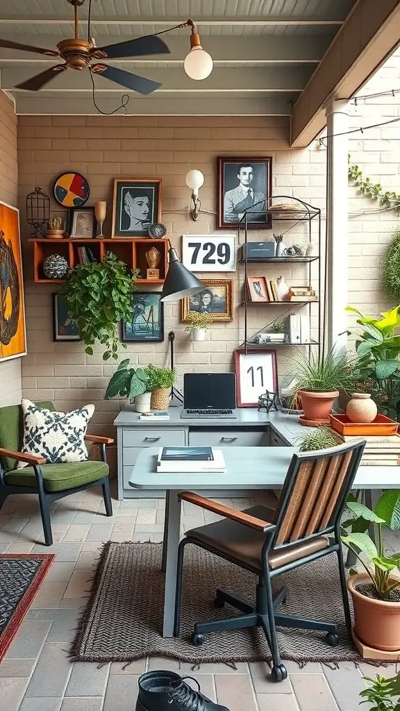 A cozy backyard office with plants, art, and a simple desk setup.