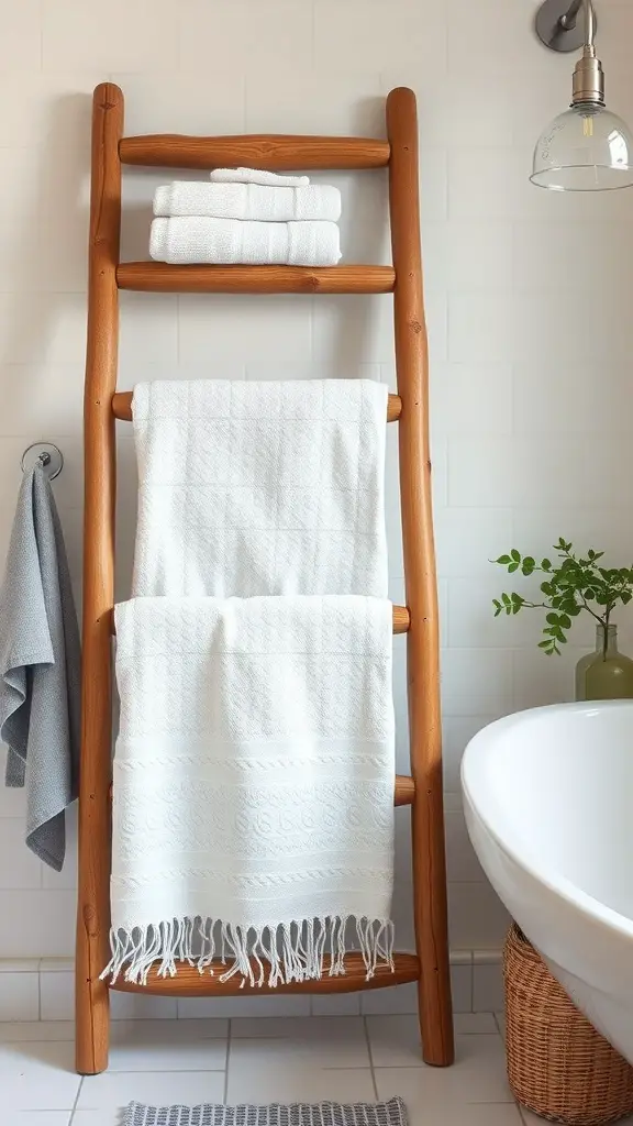 Wooden towel ladder with neatly folded towels in a modern bathroom setting