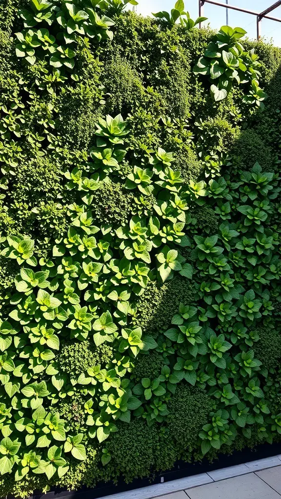 A lush vertical garden with various green plants growing on a wall.