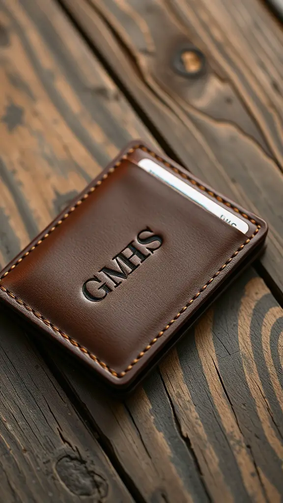 Personalized brown leather wallet with initials on a wooden surface