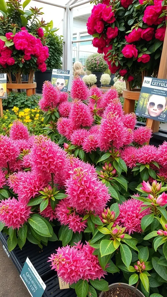 19+ Stunning Crepe Myrtle Landscaping Ideas to Transform Your Garden 5 A vibrant display of pink crepe myrtle flowers in a garden center.