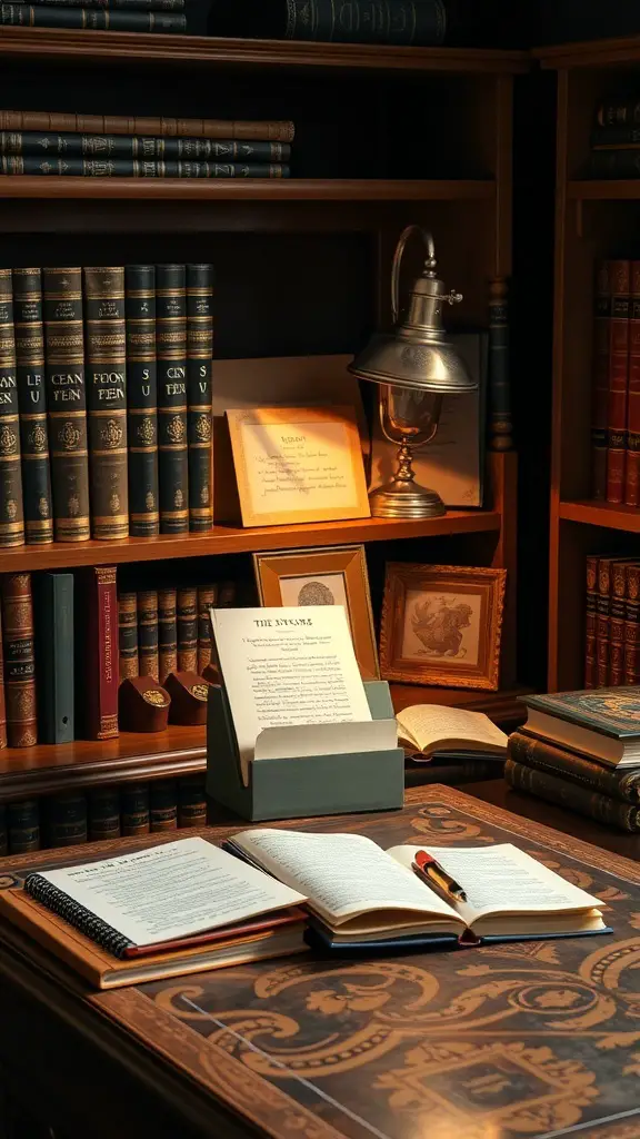 35+ Essential Dark Academia Decor Ideas for a Cozy Aesthetic 4 A cozy study desk with bookshelves filled with leather-bound books, a vintage lamp, and open notebooks.