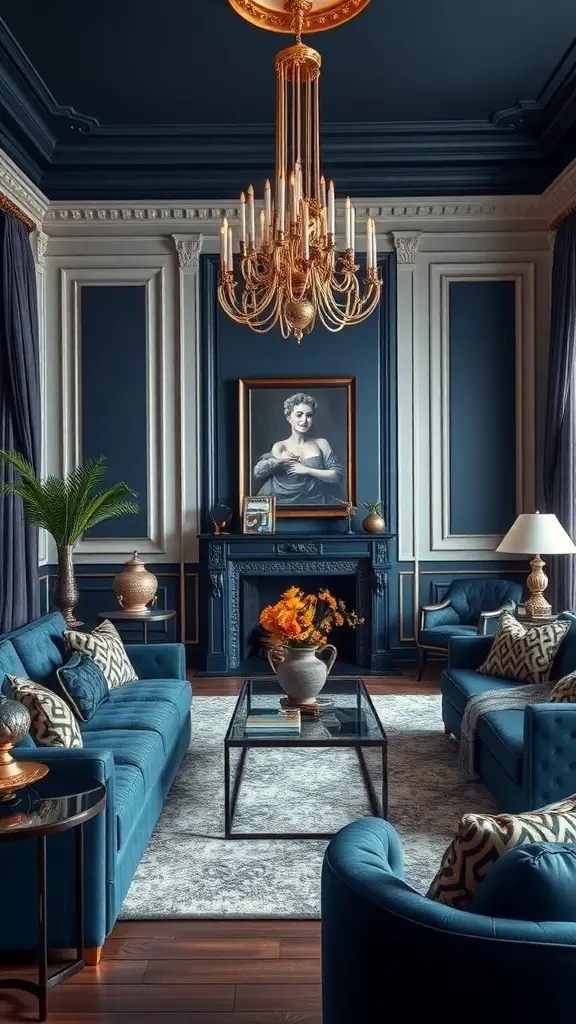 29+ Stunning Navy Blue Living Room Ideas to Transform Your Space 8 A luxurious navy blue living room featuring gold decor accents, including a chandelier and decorative vases.
