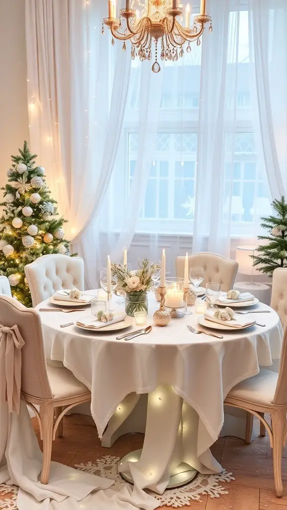 29+ Christmas Table Settings to Inspire Your Holiday Feast 6 A winter wonderland themed Christmas table setting with a white tablecloth, elegant chairs, candles, and a decorated Christmas tree.