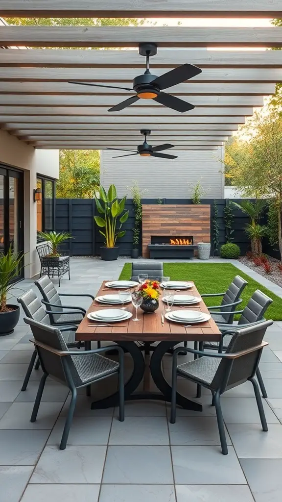 L-shaped backyard dining area with a wooden table, chairs, and a pergola.