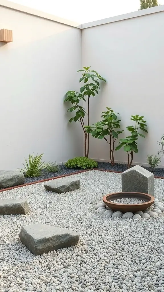 A minimalist Zen garden with smooth stones, gravel, and small plants.