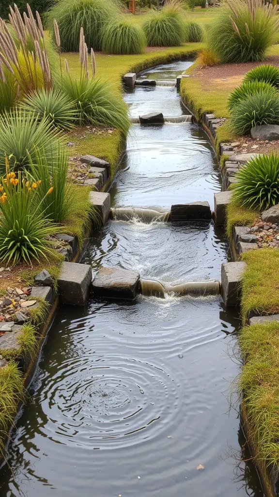 A serene retention basin with flowing water and surrounding greenery.