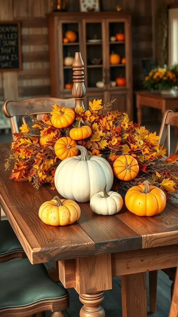 A rustic table centerpiece featuring various pumpkins and autumn leaves.