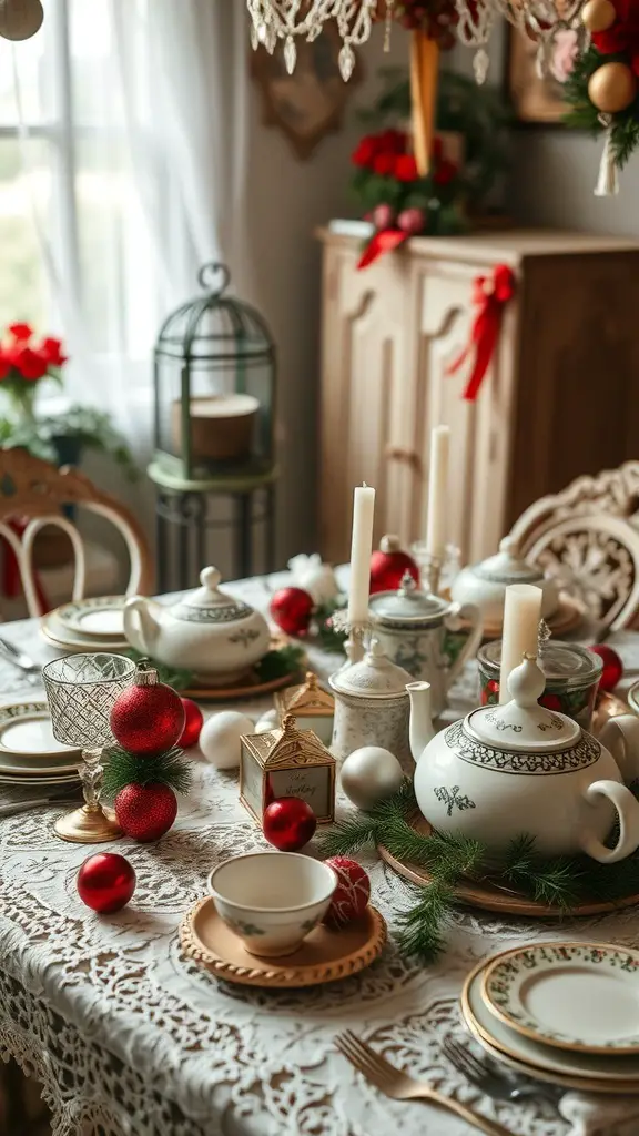 29+ Christmas Table Settings to Inspire Your Holiday Feast 9 A beautifully set vintage Christmas table with lace, china, ornaments, and candles.