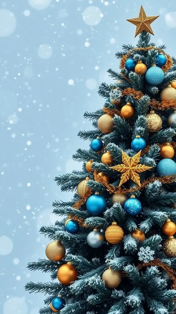 A beautifully decorated blue and gold Christmas tree with snowflakes falling around it.