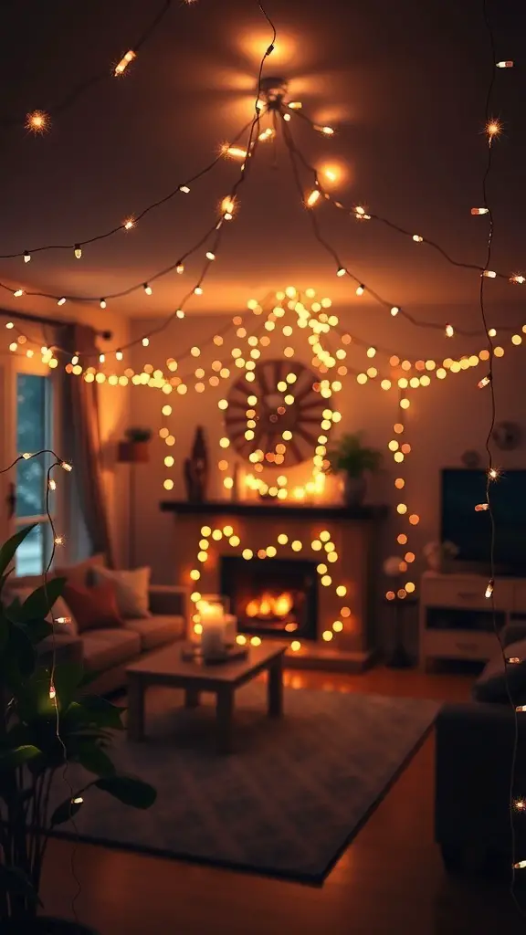A cozy living room decorated with twinkling string lights and a warm fireplace.