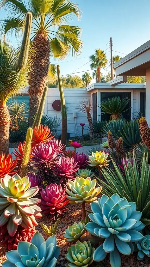 A colorful succulent garden with various plants and palm trees in a sunny setting.
