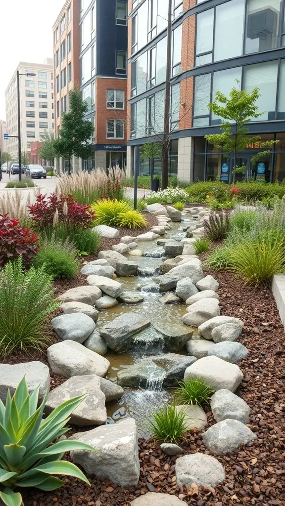 29+ Creative Street Garden Ideas for a Stunning Urban Oasis 20 A rain garden featuring a stream, rocks, and various plants in an urban setting.