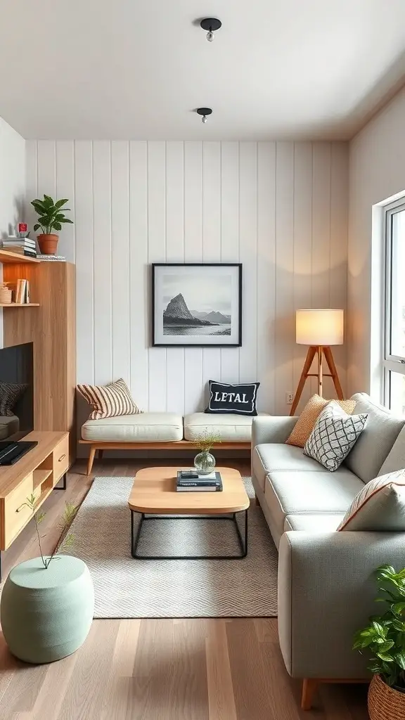 29+ Modern Cottage Living Room Ideas You’ll Love 14 A modern cottage living room featuring functional furniture suitable for small spaces.
