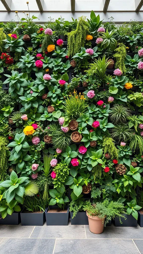 A vibrant vertical garden filled with various flowers and greenery, showcasing a beautiful arrangement of plants.