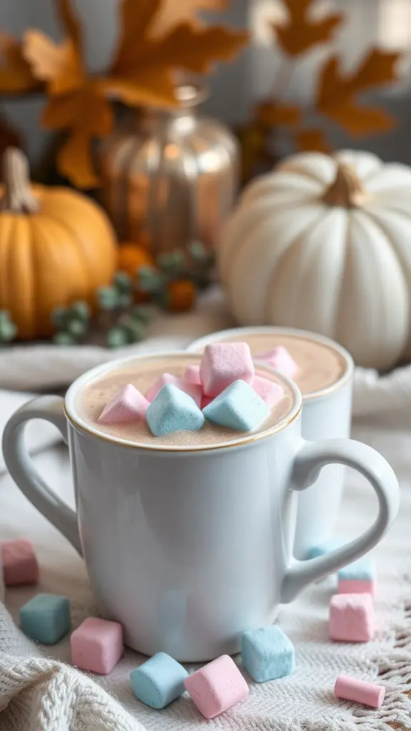 23+ Creative Fall Gender Reveal Ideas for Your Autumn Celebration 7 Two mugs of hot cocoa topped with pink and blue marshmallows, surrounded by fall decorations.