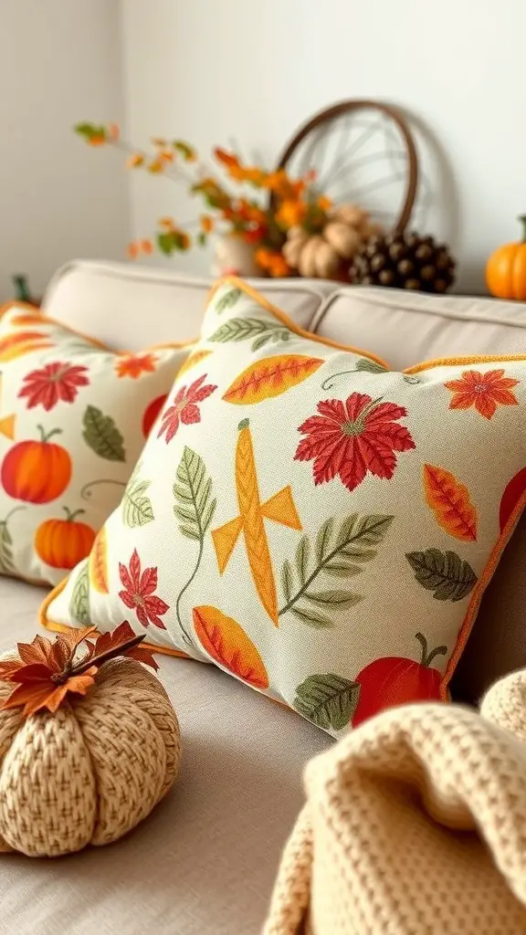 Cozy throw pillows with autumn leaves and pumpkins on a couch