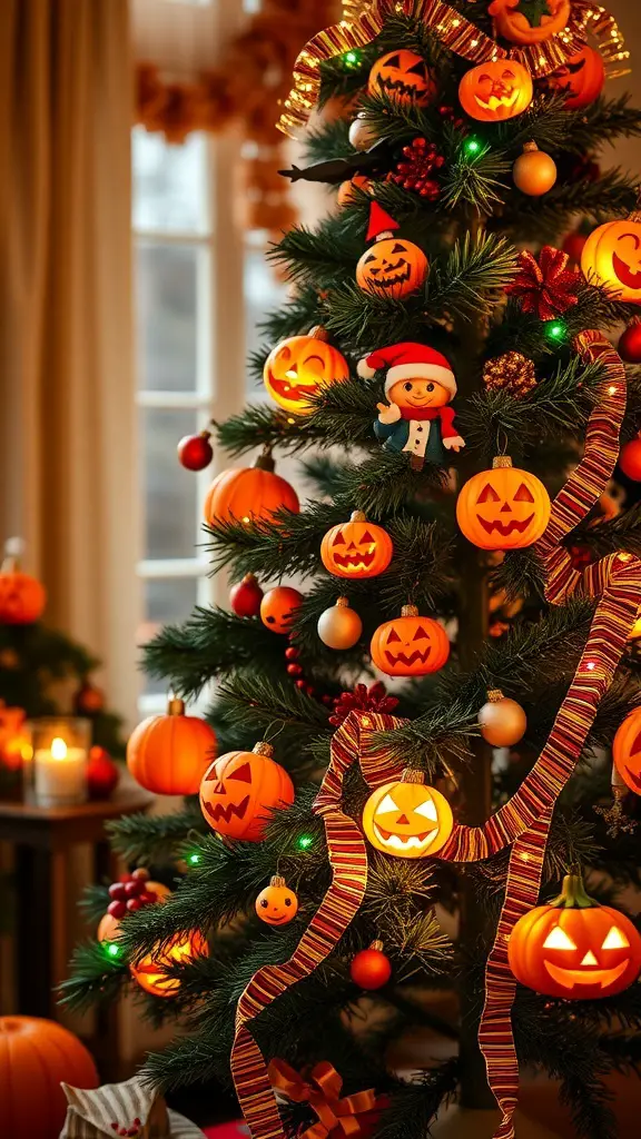 29+ Creative Halloween Christmas Tree Ideas to Spook Up Your Holiday Decor 16 A Christmas tree decorated with Halloween-themed ornaments, including pumpkins and colorful lights.