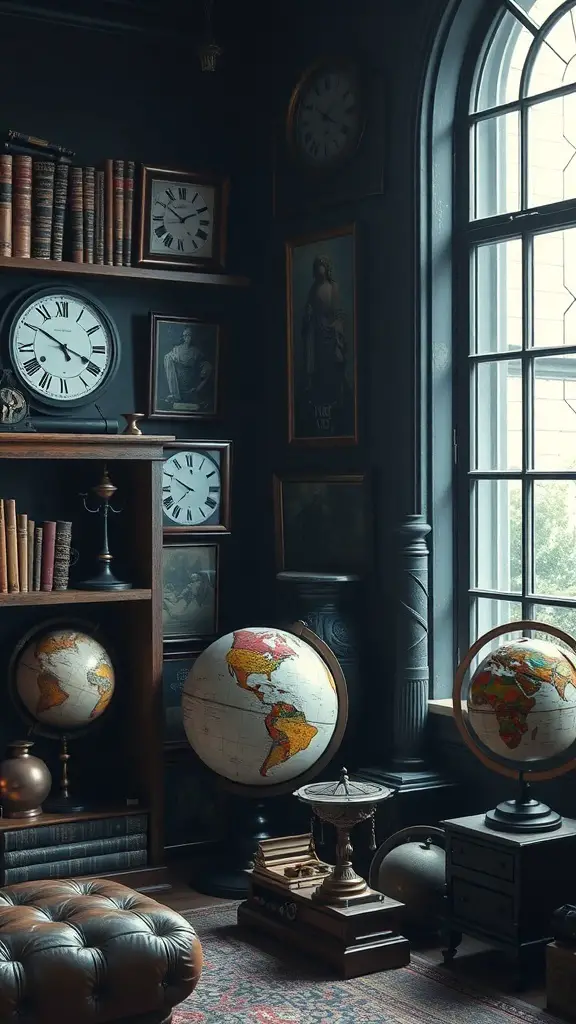 25+ Dark Academia Living Room Essentials You Need for a Cozy Aesthetic 6 A vintage dark academia living room featuring bookshelves, globes, clocks, and antique decor.