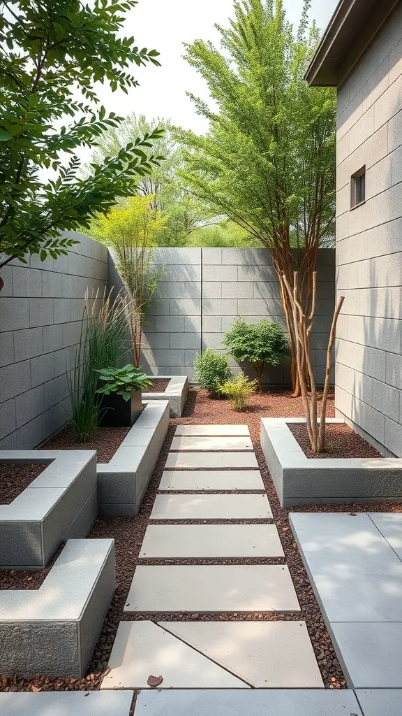 A contemporary garden featuring concrete block walls, a stone pathway, and various plants.