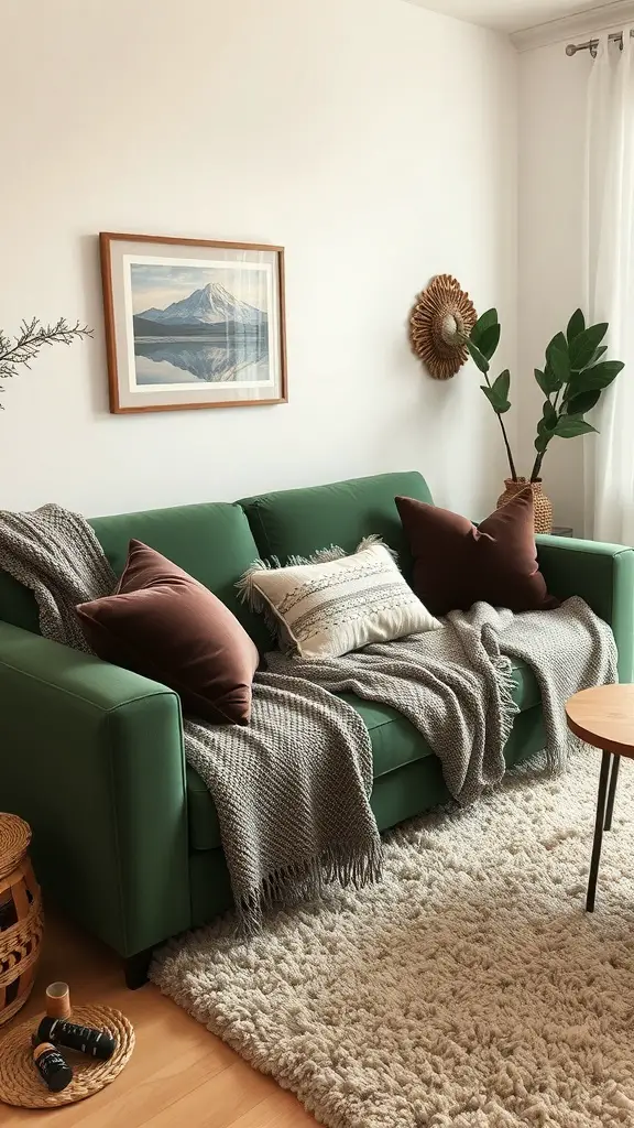 27+ Stunning Green Couch Living Room Ideas You’ll Love 3 A cozy living room featuring a green couch with colorful cushions, a plush rug, and a potted plant.