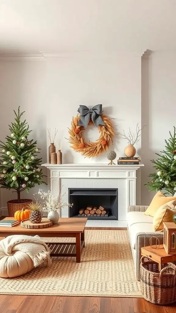 29+ Modern Cottage Living Room Ideas You’ll Love 20 Cozy cottage living room decorated for the season with a wreath, Christmas trees, and pumpkins.