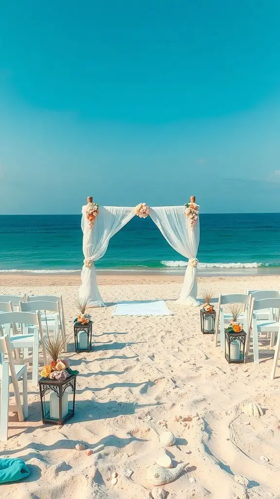 27+ Stunning Wedding Theme Color Schemes to Inspire Your Big Day 15 Beach wedding setup with aqua and sand color scheme, featuring white drapes and floral decorations.